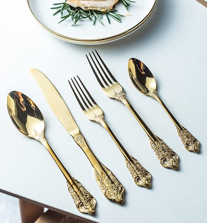 Gold Silverware Set for 6 Premium 18/10 Stainless Steel Flatware Set Palace Style 30 Piece Cutlery Tableware Utensils Embossed Decorative Handle Knives Forks and Spoons for Home Christmas Wedding
