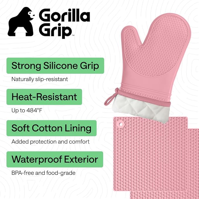 GORILLA GRIP BPA-Free Soft Silicone Oven Mitts and Pot Holders Sets of 4, Heat Resistant Waterproof Cooking Gloves, Thick Cotton Lining, Flexible Gripping for Baking Grilling, Kitchen Trivets, Pink