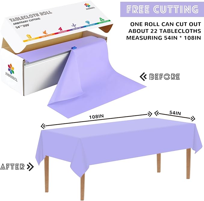 54 Inch X 200 Feet Plastic Table Cover Roll with Convenient Slide Cutter, Disposable Plastic Table Cloth Roll with Cut-to-Size Design for Weddings, Banquets, Parties (Light Purple)