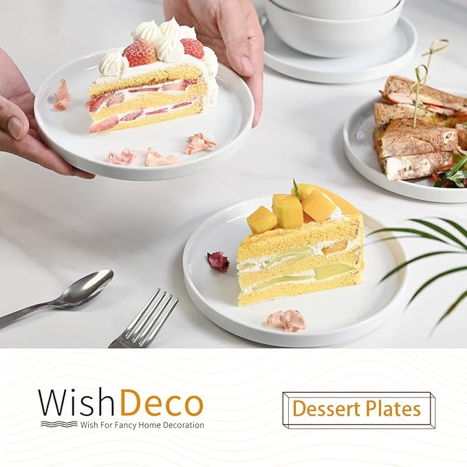 Ceramic Appetizer Plates Set of 6, Small Dessert Plates 7 inch, White Round Salad Plate, Porcelain Dinner Dishes for Cake, Waffle, Pasta, Microwave & Dishwasher Safe