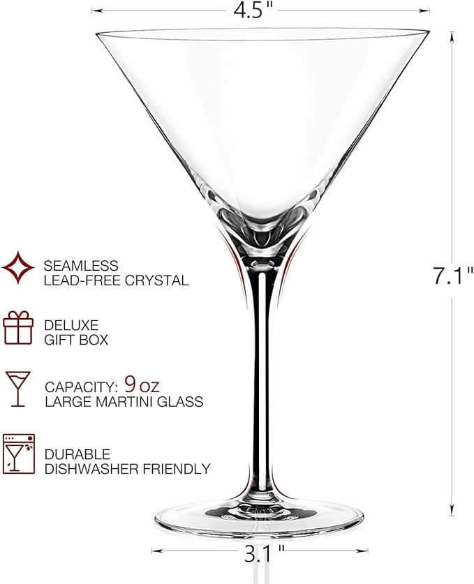 LUNA & MANTHA Martini Glasses Set of 4, Hand Blown Crystal Large Martini Glass Set 9oz, Elegant Cocktail for Bar, Manhattan, Gin, Tequila Gift Set for Birthday, Housewarming