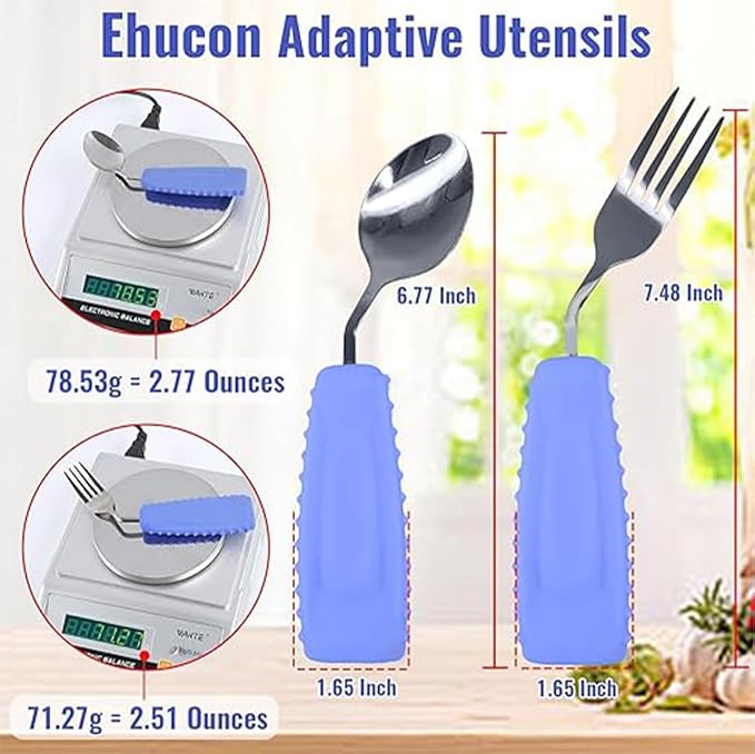 Adaptive Utensils Set for Hand Tremors,Arthritis and Parkinsons -Weighted Silverware with Non-Slip Handle to Easy Grip,Eating Flatware for Elderly Use (Left Hand 1fork+1spoon=1set,Purple)