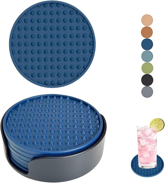 Set of 6 Silicone Coasters, 4'' Drink Coaster with Holder, Round Coasters for Drinks Beer Coffee Home Office Bar Desk Tabletop Protection, Non-Slip Rubber Coaster (Navy Blue, 6 Pcs-Plastic Holder)