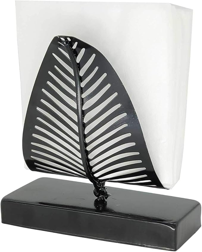 OwlGift Freestanding Modern Napkin Holder with Leaf Design, Tabletop Tissue Dispenser, Napkin Storage Organizer – Black