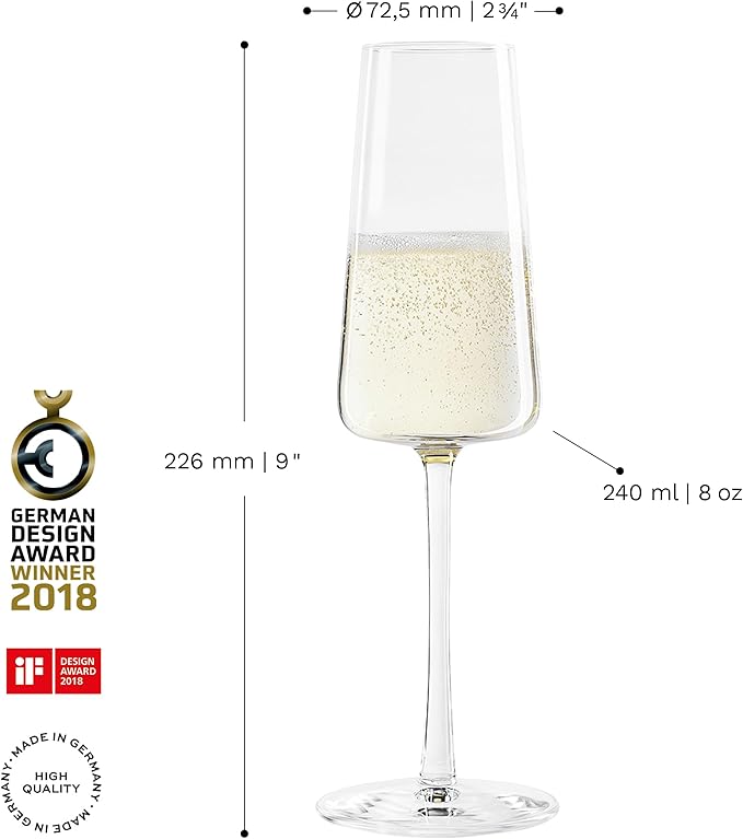 Stölzle Lausitz Champagne Glasses Power 6-Piece Set 240ml – Elegant Flutes Ideal for Prosecco & Sparkling Wine – Crystal Champagne Glasses – Dishwasher- & Shockproof