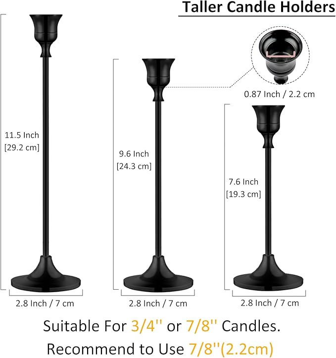 Metal Candle Holders for Candlesticks Taper Candlestick Holders Set Vintage Decorative Centerpiece Candelabra Tall Candle Stands (Matt Black, 2 Sets (6 pcs))