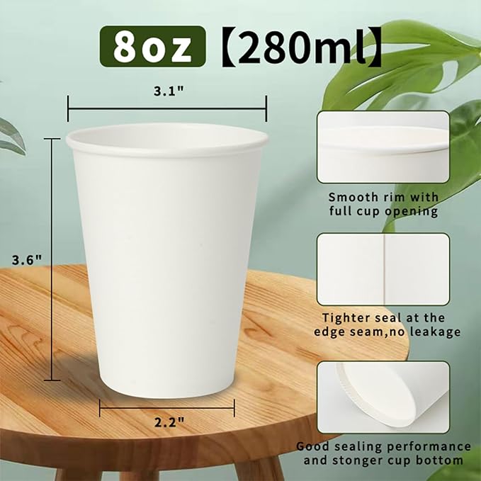 100 Pack Paper Cups, 8 oz Disposable Coffee Cup, White Paper Cups, Hot Beverage Drinking Cup for Parties, Travel, and Events