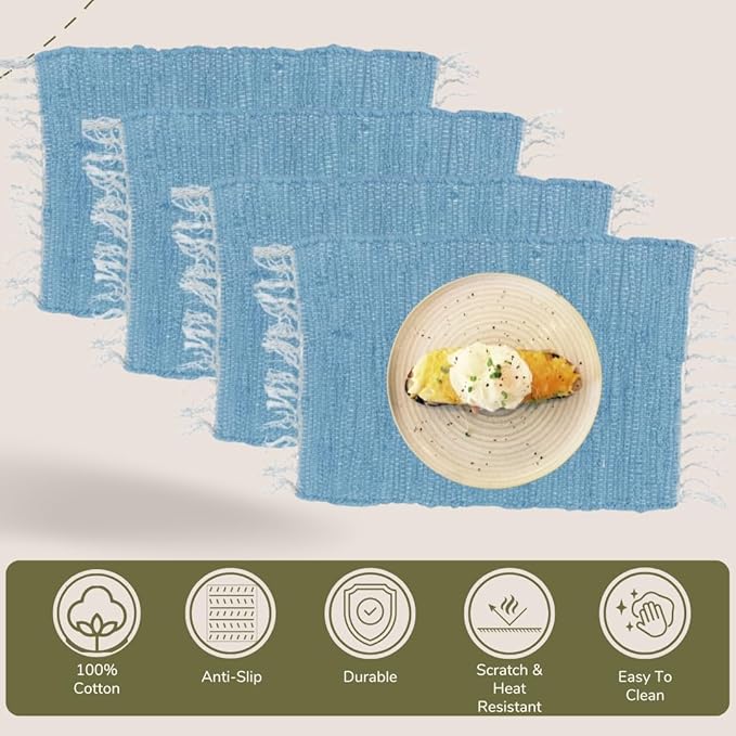 Perilla Home Placemat Set of 4 - Cotton Linen Blend Square Placemats - Farmhouse Rustic Woven Bohemian Machine Washable Table Mats with Tassels for Dining Table Decor (Sky Blue)