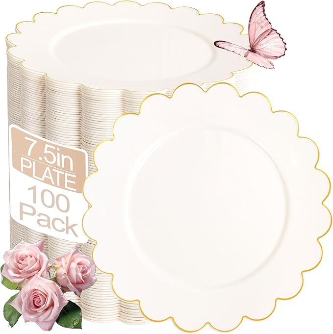 LIYH 100 Pcs Ivory Dessert Plates with Gold Rim- Ivory Plastic Plates 7.5" Disposable Scalloped Fancy Gold Plastic Plate,Baby Shower Cake Plate Party Suitable for Valentine's Day or Mother's Day