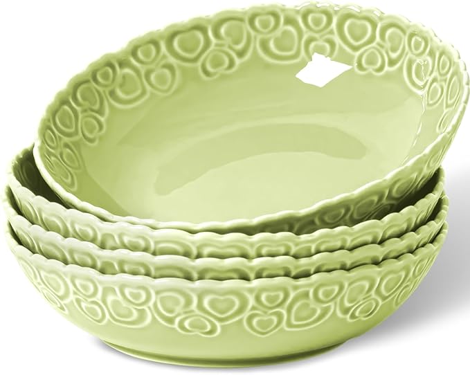 HOMBENE Heartbeat Pasta Bowls Set of 4, 40oz, Porcelain Wide and Shallow, Soup, Pasta, Noodle, Dinner, Large Salad Bowls Soup Bowl for Kitchen, Microwave & Dishwasher Safe (Mint Glow Green)