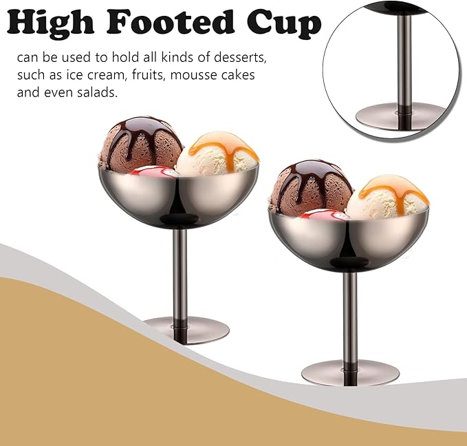 Ice Cream Bowls Stainless Steel Dessert Cups with Spoons Reusable Footed Sundae Cups Ice Cream Cups for Dessert, Frozen Yogurt, Gelato, Birthday Party Decorations (2, Black)