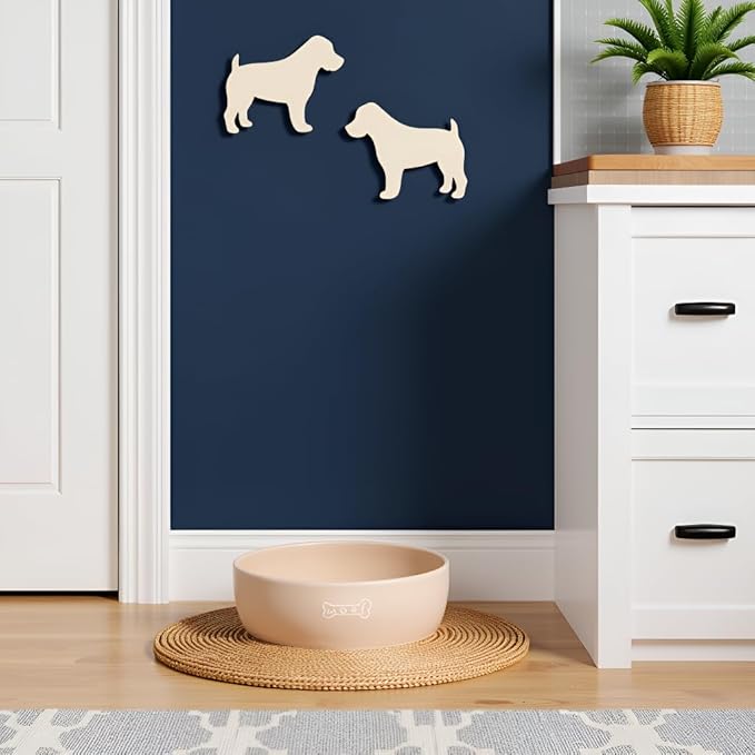 Pearhead Ceramic Dog Bowl – Neutral Taupe “Woof” Design, Holds 3 Cups, Non-Skid Stoneware Pet Feeding Dish, Medium