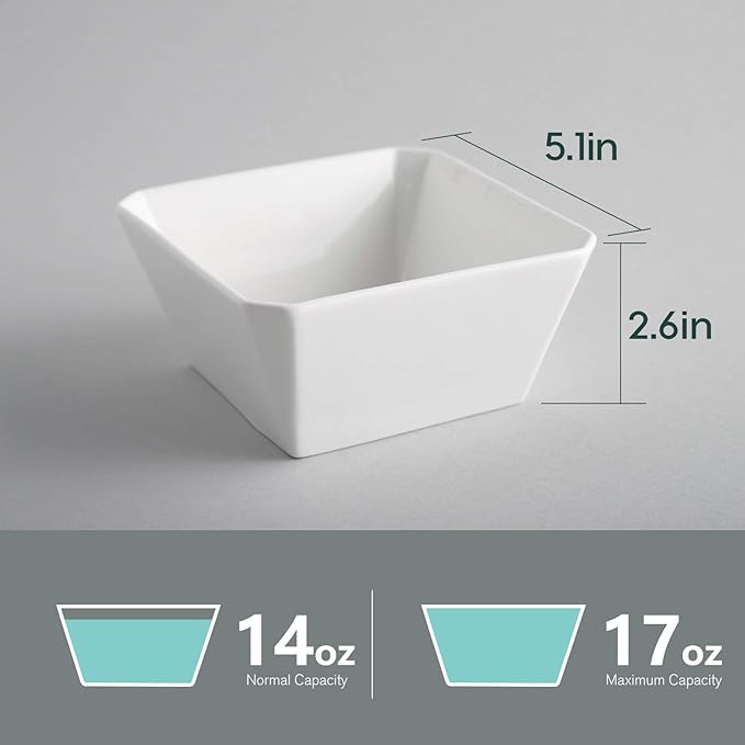 Porcelain Cereal Bowls, 16 oz Square Serving Bowls Set, 5 Inch White Ceramic Bowls for Salad, Soup, Snack, Dessert and Marmalade, Dishwasher & Microwave Safe, Set of 6