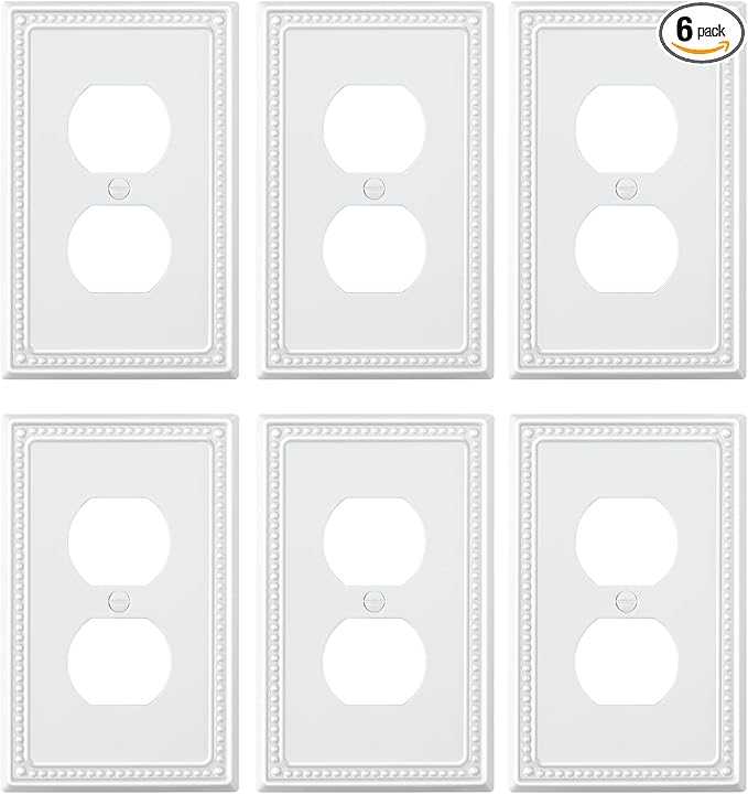 6-Pack Duplex Outlet Cover Plate, Pure White Metal Wall Plates for Electrical Outlets, 1 Gang Receptacle Light Switch Cover, Pearls Decorative Switch Plates and Outlet Covers