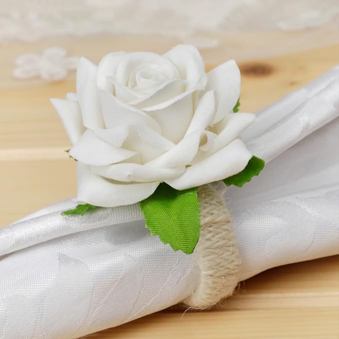 Set of 24 White Rose Napkin Rings - Handicraft Napkin Holder Table Decor for Wedding, Thanksgiving, Banquet, Christmas, Birthday Party