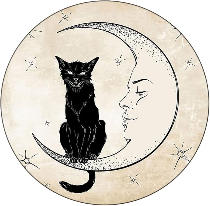 Elastic Tablecloth, Moon Decorative Fabric Table Cover for, Black Cat Sitting on White Crescent Moon, Fit Round Tables 48inch Diameter, Buffet Table/Parties/Holiday Dinner, Sand Brown Black