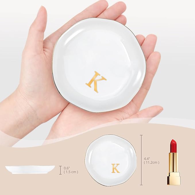 ProCase Ceramic Jewelry Tray, Initial Ring Dish Trinket Plate Engagement Gift, Small Personalized Monogram Ring Bowl for Wedding, White Decorative Jewelry Holder for Women Vanity -Letter K