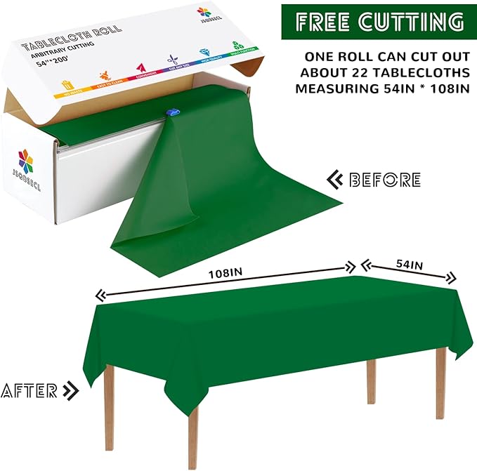 54 Inch X 200 Feet Plastic Table Cover Roll with Convenient Slide Cutter, Disposable Plastic Table Cloth Roll with Cut-to-Size Design for Weddings, Banquets, Parties (Green)