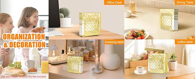 Napkin Holder for Table, Gold Napkin Holders for Paper Napkins & Kitchen Dining Tables & Countertops, Elegant Standing Kitchen Napkin Holder Dispenser Suitable for All Room Decors