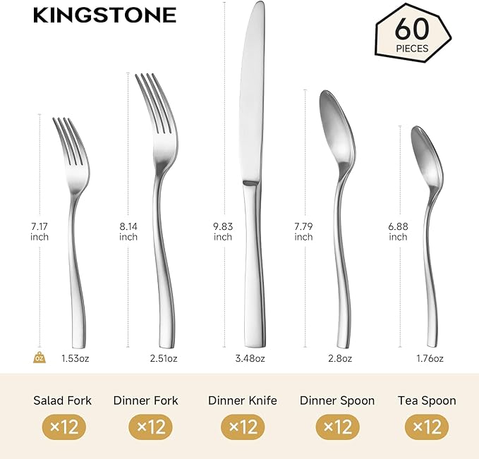 KINGSTONE 60-Piece Silverware Set for 12, Matte Stainless Steel Flatware Set with Forks, Knives, Spoons, Dishwasher Safe, Rust Resistant Cutlery for Home & Wedding