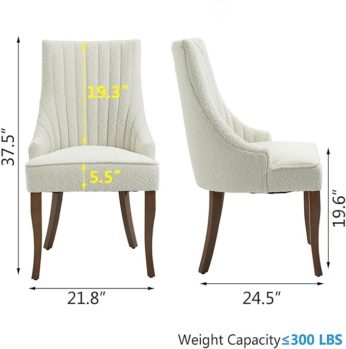 mikibama Boucle Dining Chairs Set of 4 Channel Tufted Kitchen Dinner Chair Comfy Teddy Fabric Upholstered Accent Chair for Dining Room with Solid Wood Legs (Off White 4pc)