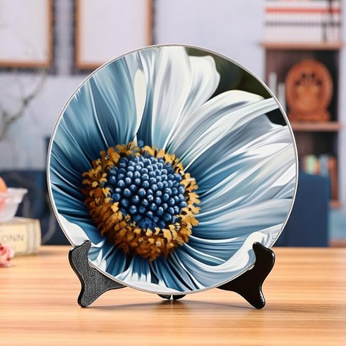 Decorative Ceramic Plates with Display Stand Graphic White Daisy 10'' Ideal for Table Display and Wall Hanging DP-654739726
