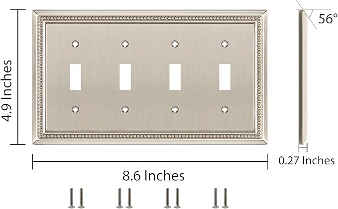 Henne Bery Sunken Pearls Heavy Duty Decorative Wall Plate Switch Plate Outlet Cover (Quad Toggle, Satin Nickel)
