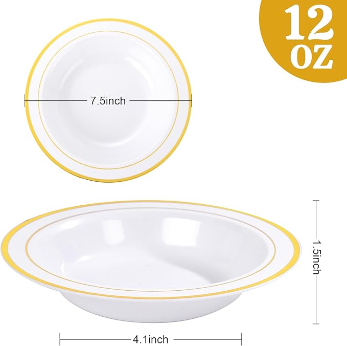 bUCLA 120 Pack Disposable Plastic Bowls Gold Trim 12oz - Elegant Party Bowls Disposable for Salad, Soup, Dessert, Ideal for Wedding & Thanksgiving