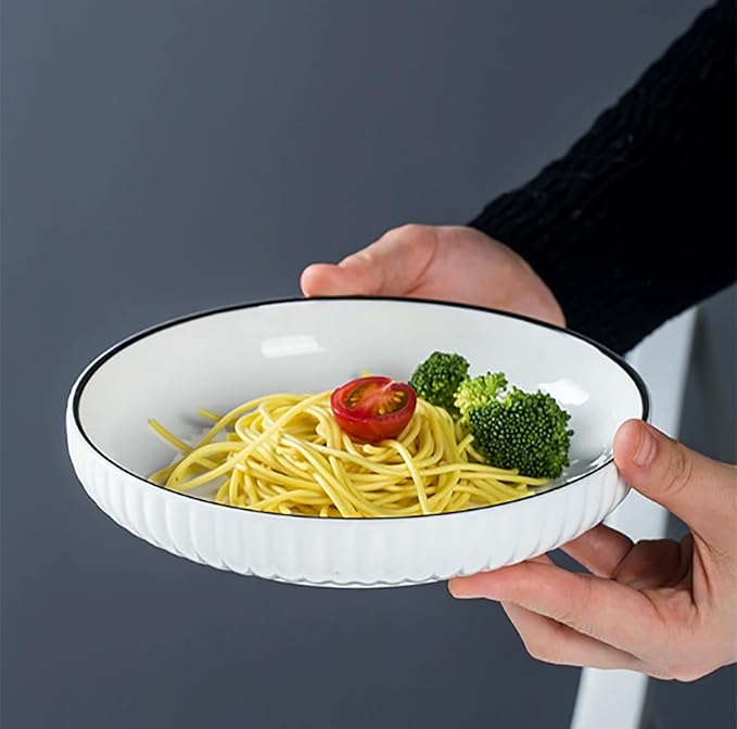 Ceramics Pasta Bowls, 6 Pack 8 inches 20 Oz Large Salad Serving Bowls, Shallow Salad Bowls,ceramics Deep Plates,Microwave Dishwasher Safe,White (vertical stripe)