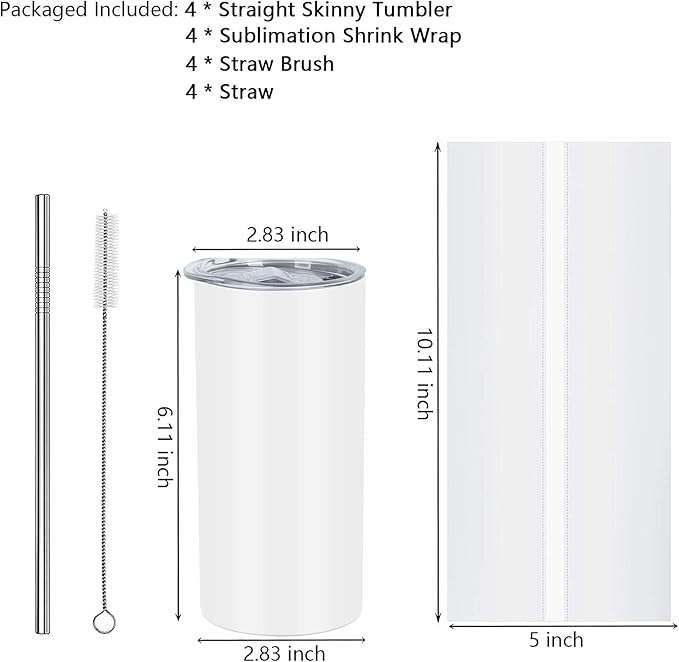 15 Oz Sublimation Skinny Tumbler Set, Straight Skinny Stainless Steel Tumbler Set for Sublimation with Lids, Insulated Skinny Slim Water Tumbler for Diy, White