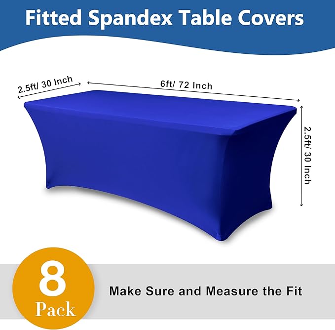 Table Cover for 6 Foot Rectangle Tables-8 Pack Royal Blue Fitted Stretch Tablecloth-Spandex 6ft Folding Tablecloths for Party, Vendor Booth Display, Banquet Buffet Event, Craft Trade Show