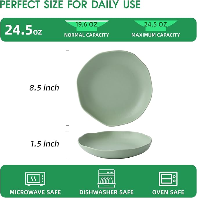 Pasta Bowls Set of 4, Ceramic 24.5oz Serving Salad Bowl, Large 8.5 inch Wide Shallow Soup Bowls with Wavy Rim, Easy to Clean, Oven Microwave Dishwasher Safe for Fruit Pasta Salad Dinner - Green