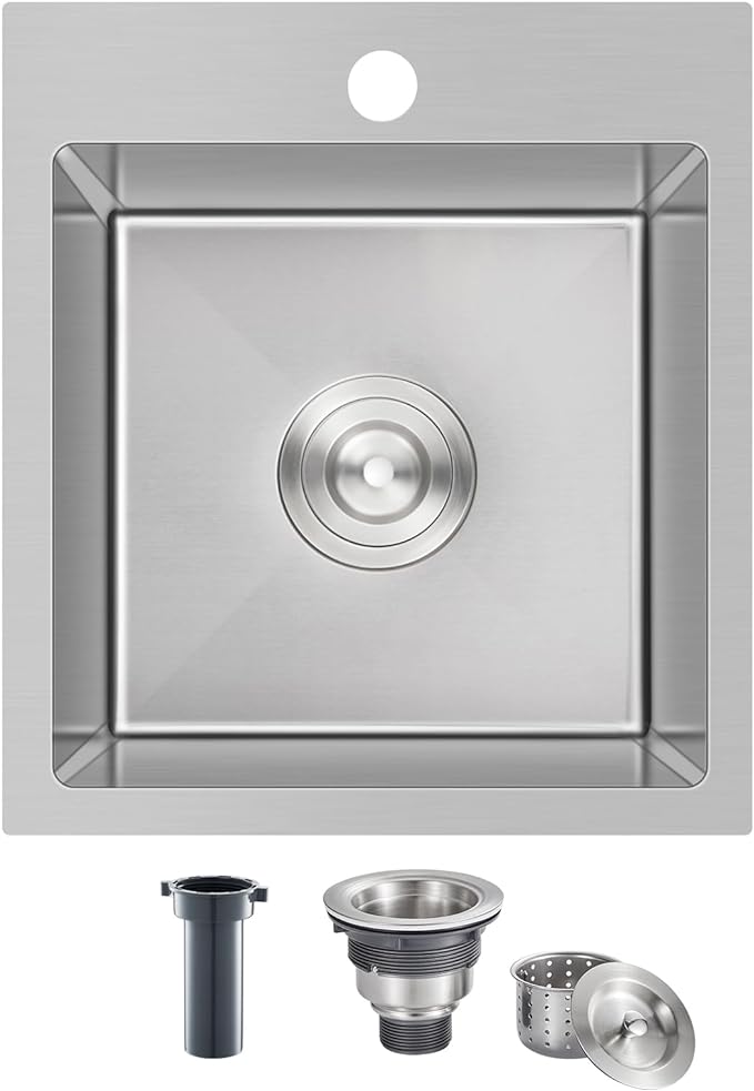 ROVATE 13 x 15 x 8 inch Drop in Bar Sink, Small Kitchen Sink Topmount Single Bowl, 304 Stainless Steel Bar Sinks Overmount Handmade with Basket Strainer