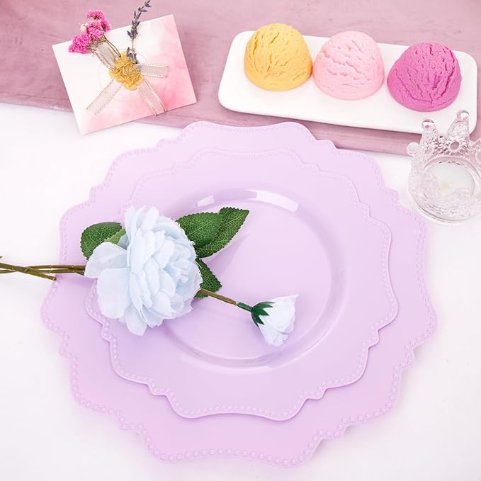 COLOSUS 60Pcs Lavender Purple Plastic Plates set,Heavy Duty Purple Disposable Plates include 30 Dinner plate 10.5” and 30 Salad/Dessert Plate 8.25” for Party and wedding