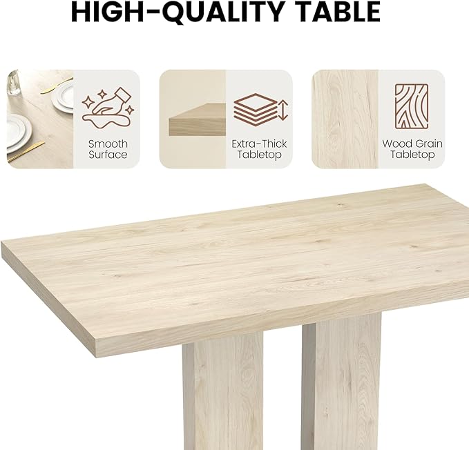 46" Dining Table for 4, Modern Rectangular Dining Room Table with Sturdy Pedestal Base, Thickened Tabletop, MDF Natural Wood Finish Kitchen Table for Breakfast Nook, Home & Apartment