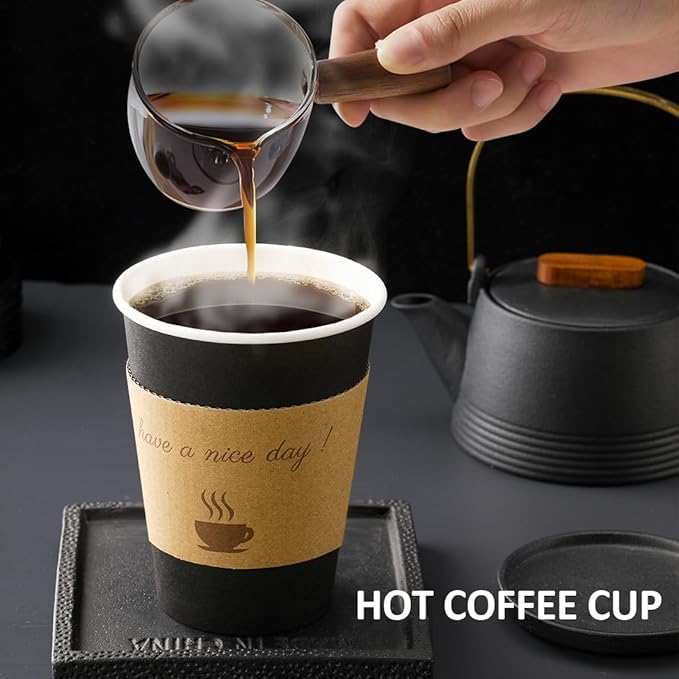100 pack 12 oz Thickened Coffee Cups with Lids, Scald Resistant Hot Cups with Sleeve and Straw, To Go Coffee Cups for Home, Office, Cafes and Party (Black 12oz)