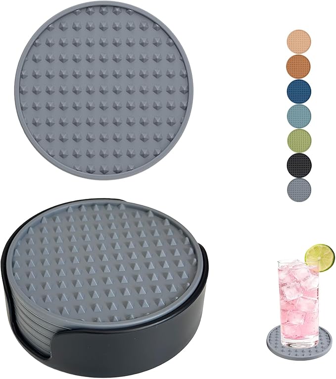 Set of 6 Silicone Coasters, 4'' Drink Coaster with Holder, Round Coasters for Drinks Beer Coffee Home Office Bar Desk Tabletop Protection, Non-Slip Rubber Coaster (Grey, 6 Pcs-Plastic Holder)