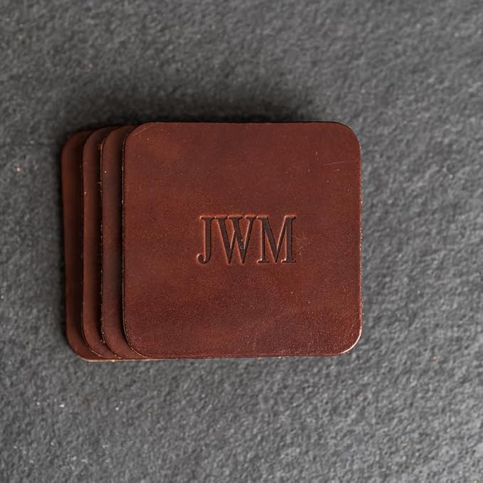 Ox & Pine Personalized Leather Coaster - Sold Individually or in Sets of 4 - Customize Inscription - 100% Full-Grain Leather – 4" Round or 4" Square (Square, Harvest, Set of 4 Coasters)