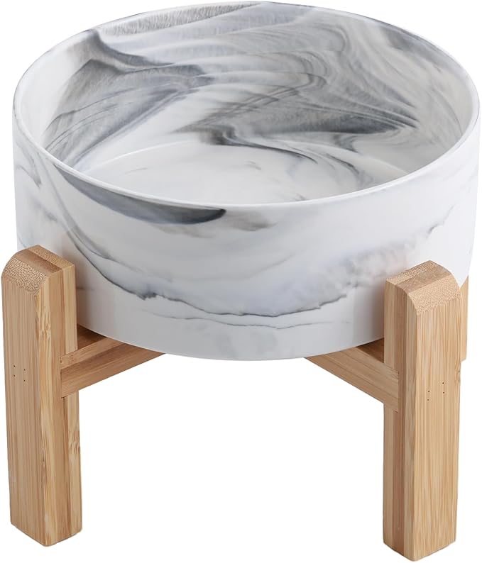 Elevated/Raised Dog Bowl Ceramic with Wood Stand for Small Medium Breed,Dog Food Water Dish Heavy, 6 in Non Slip Modern Cute Porcelain Pet Bowl Marble Grey