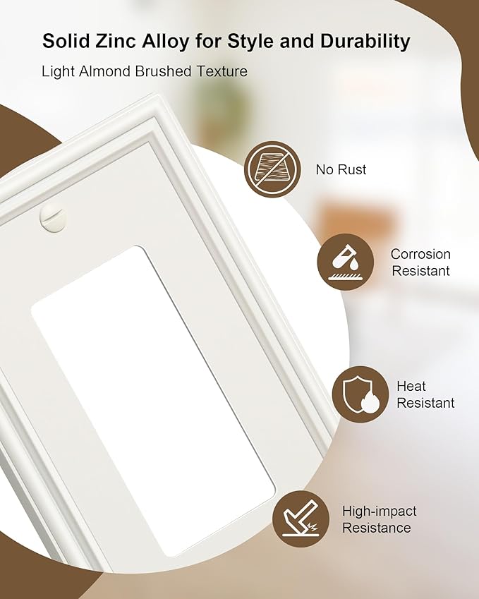2-Pack Decorator Outlet Cover Plate, Light Almond Decorative Switch Plates and Outlet Covers, Durable Zinc Alloy Wall Plates for Electrical Outlets, Receptacle, GFCI Outlet, Dimmer Switch