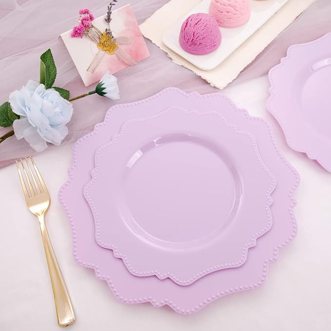 COLOSUS 60Pcs Lavender Purple Plastic Plates set,Heavy Duty Purple Disposable Plates include 30 Dinner plate 10.5” and 30 Salad/Dessert Plate 8.25” for Party and wedding