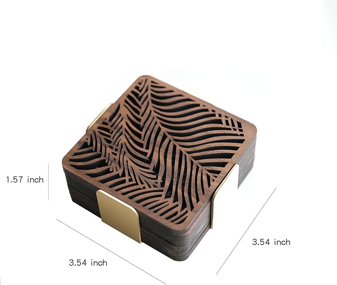 Wooden Coasters Set of 6 with Holder, Wood Coaster for Laser Engraving, Tree of Life Coasters, Walnut Wood and Brass (Square)
