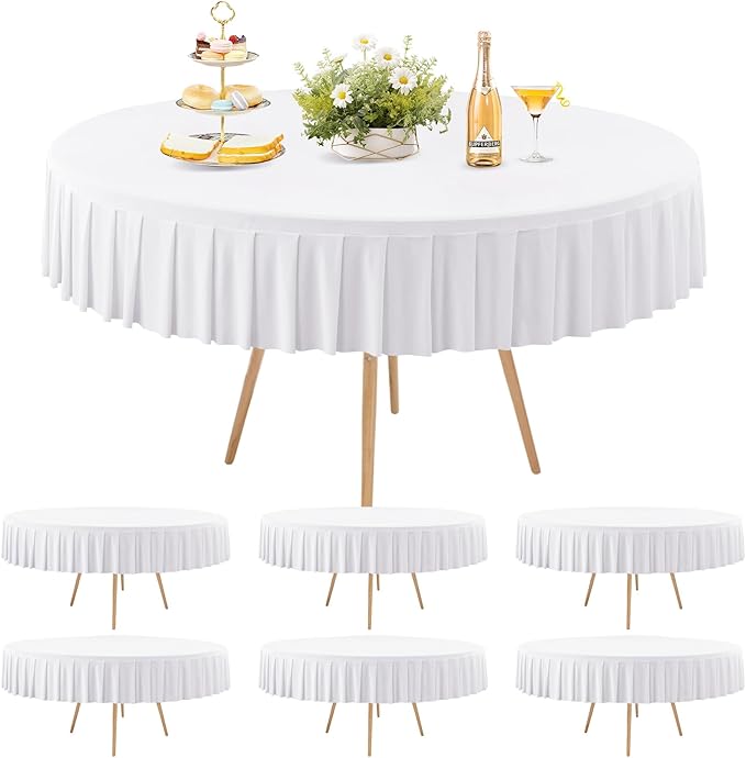6 Pack White Spandex Round Tablecloths for 60 inch Tables, Stretchy Fitted 5FT Round Table Cloths,Wrinkle Free Table Cover with Skirt for Wedding Party Dining Banquet Baby Shower