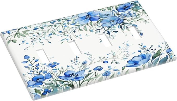Light Switch Cover Blue Watercolor Flowers Retro Floral Leaves 4 Gang Switch Plate Quad Toggle Wall Plates Decorative Switchplate Electrical Outlet Cover for Bathroom Bedroom Decor