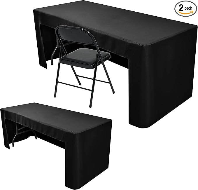 Nasitos 2 Pack Fitted Black Tablecloth for 4 Foot Tables - Open Back Washable Fabric Table Topper for Trade Show, Craft Show, Events, Vendor Booth