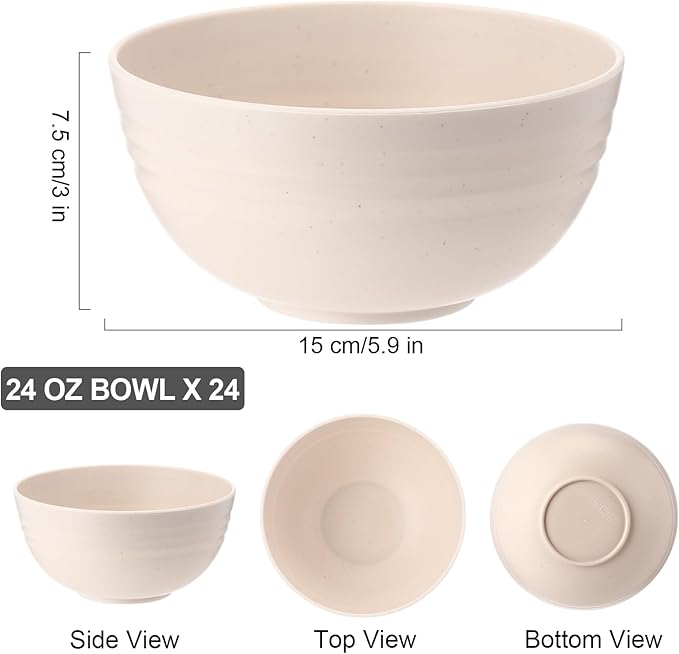 Eccliy 24 Pcs Wheat Straw Bowl Sets, Unbreakable Cereal Bowl 24 oz, Microwave and Dishwasher Safe Bowls for Cereal, Salad, Snack and Soup, Winter Style(Pink, Blue, Green, Beige, Orange, Yellow)