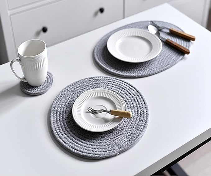 6 Pack Cotton Woven Placemats, 13.8 inches Round Plate Chargers Grey Thick Placemat Set Cotton Rope Braided Tablemats Rattan Tablemats Rustic Weave Placemats for Dining Table