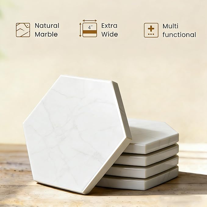 Natural Marble Coasters, Hexagonal Costers, Luxury Aesthetic Modern Decor for Coffee Table Bar Kitchen Home, White Marble, Real Natural Semi Absorbent Stone Coasters