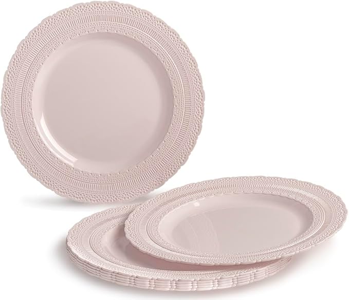 " OCCASIONS " 320pcs set (40 Guests)-Extra Heavyweight Vintage Wedding Disposable/Reusable Plastic Plates -40 x 11'' + 40 x 8.25''+Silverware+Cups+Napkins (Chateau in Pink Blush)