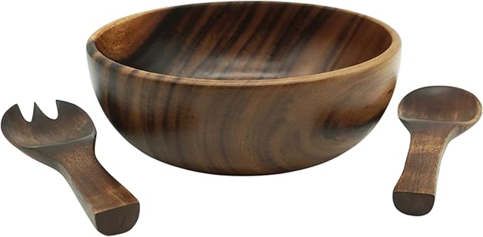 Acacia Wooden Salad Bowl Set – 9” Round Handcrafted Bowl with 2 Wood Servers, Rustic Durable Serveware for Salads, Fruit, Snacks & Everyday Dining, Gift-Ready Set of 3